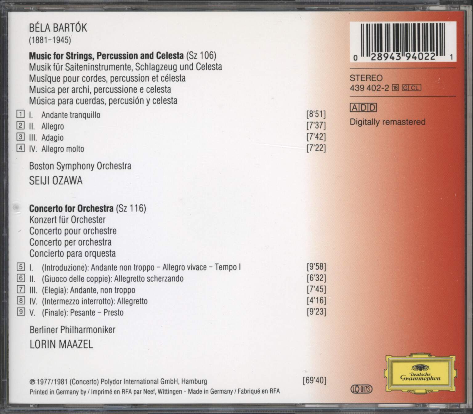 Béla Bartók: Music For Strings, Percussion And Celesta / Concerto For Orchestra, CD