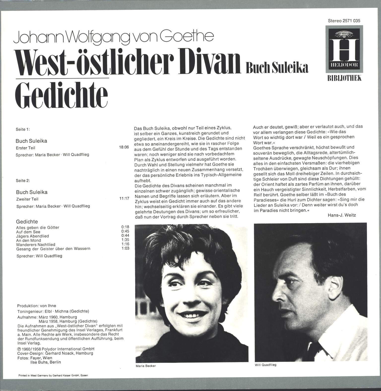 Johann Wolfgang von Goethe: West-Östlicher Divan (Buch Suleika) / Gedichte, LP (Vinyl)