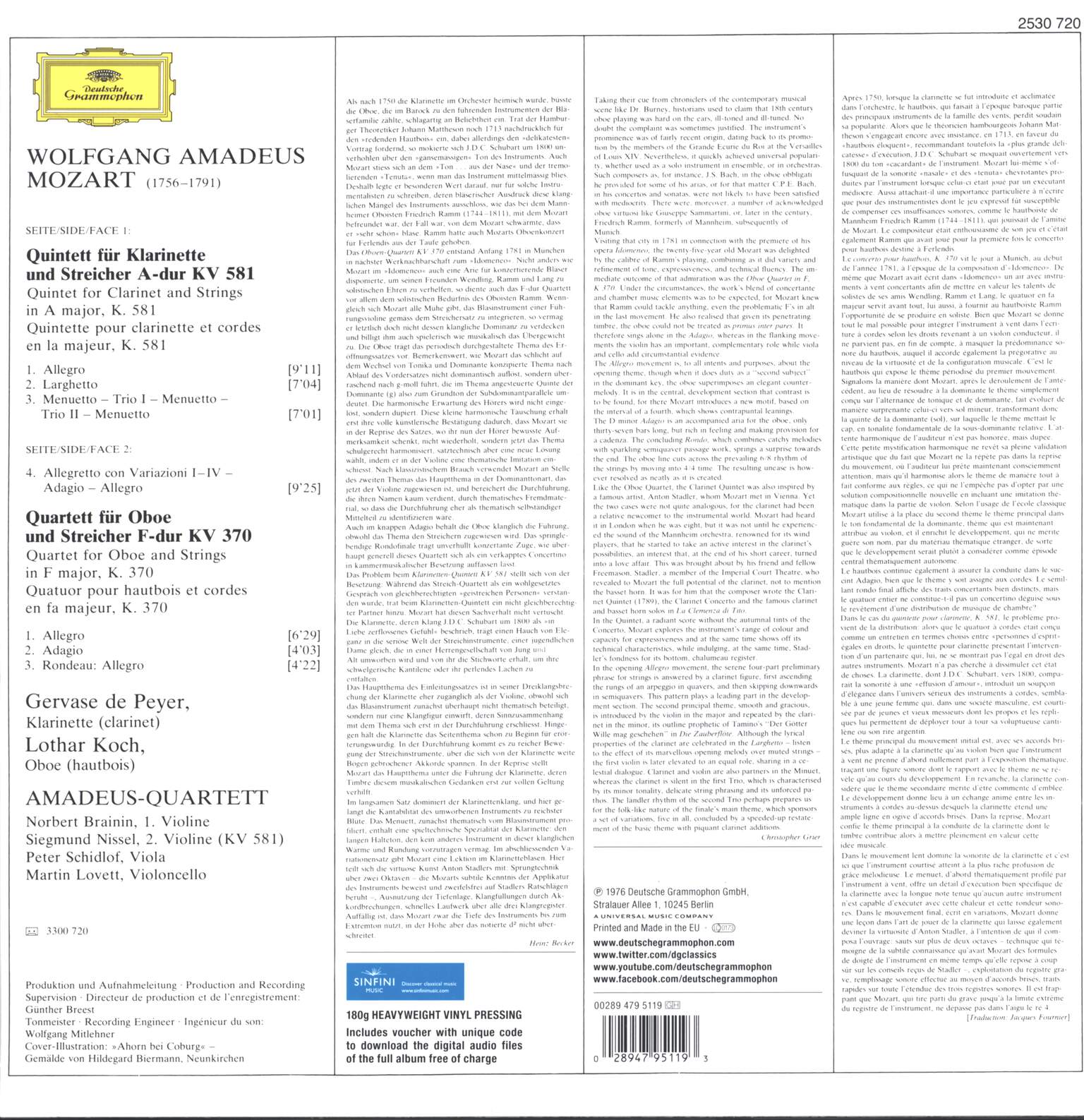 Wolfgang Amadeus Mozart: Quintett Für Klarinette Und Streicher A-Dur KV 581 - Quartett Für Oboe Und Streicher F-Dur KV 370, LP (Vinyl)