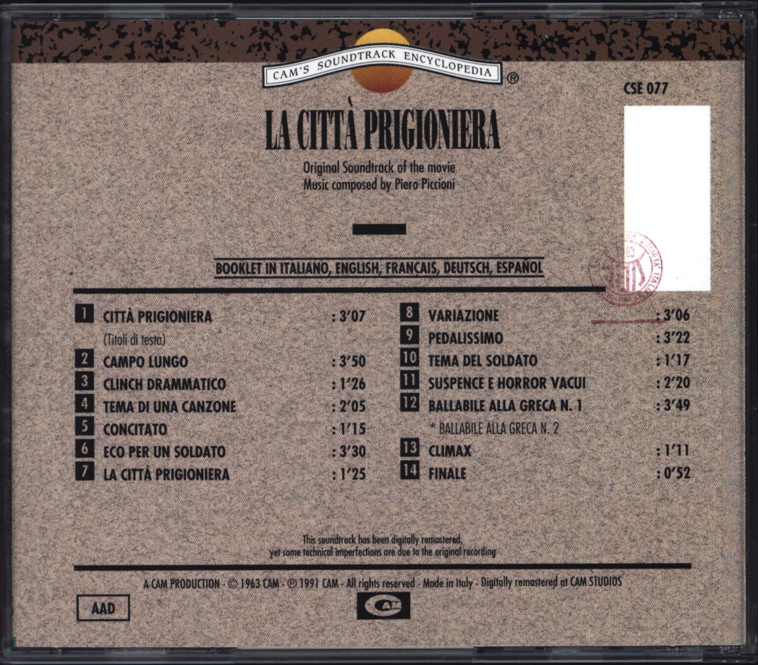 Piero Piccioni: La Città Prigioniera, CD