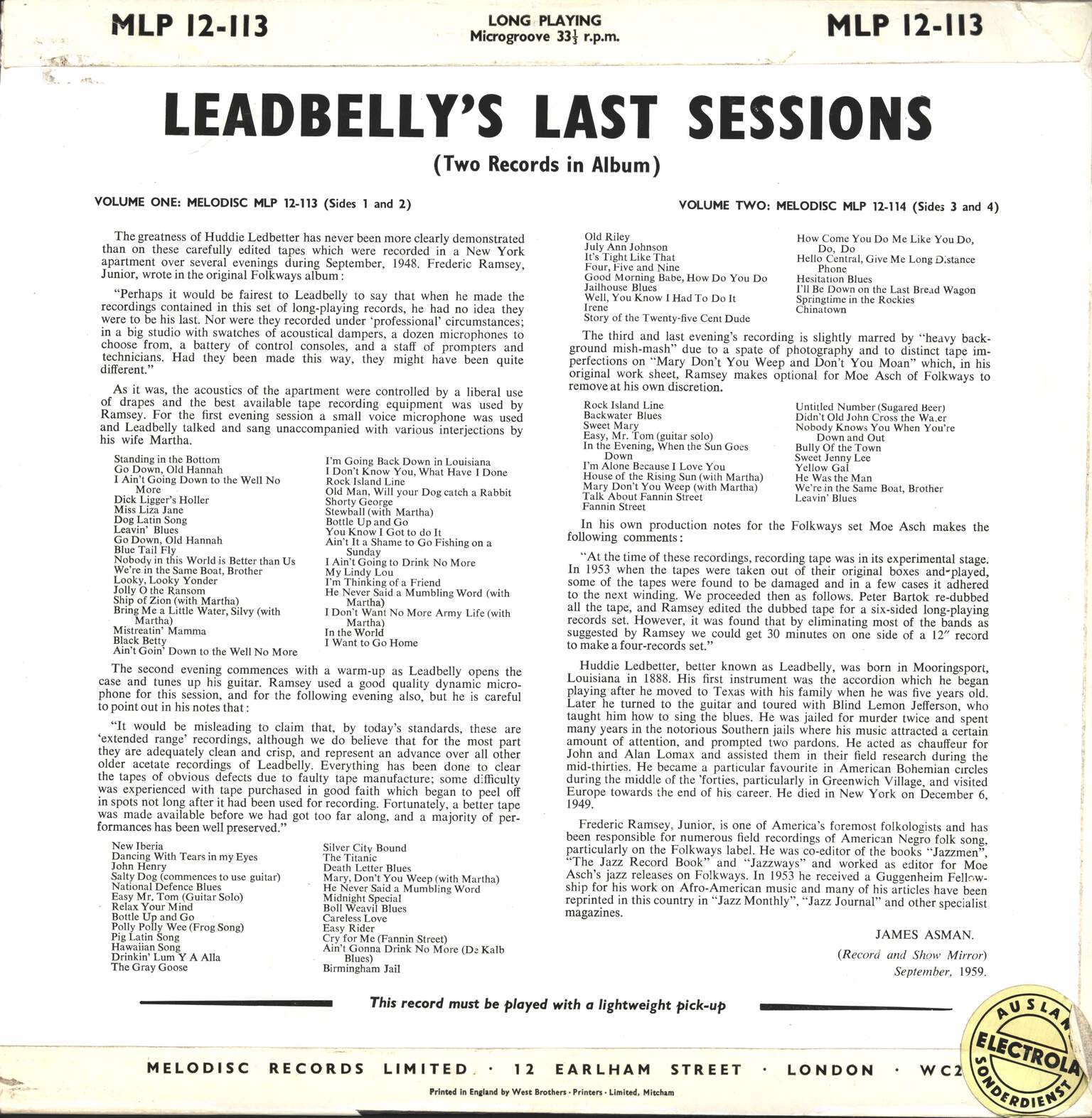 Leadbelly: Leadbelly's Last Sessions Vol. 1, LP (Vinyl)