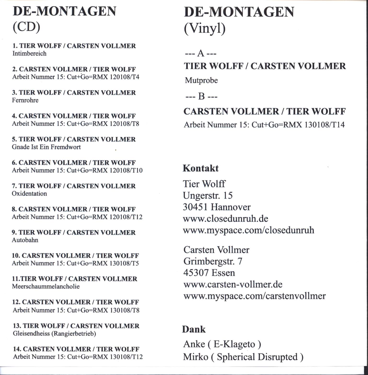 Thomas Tier: De-Montagen, CD