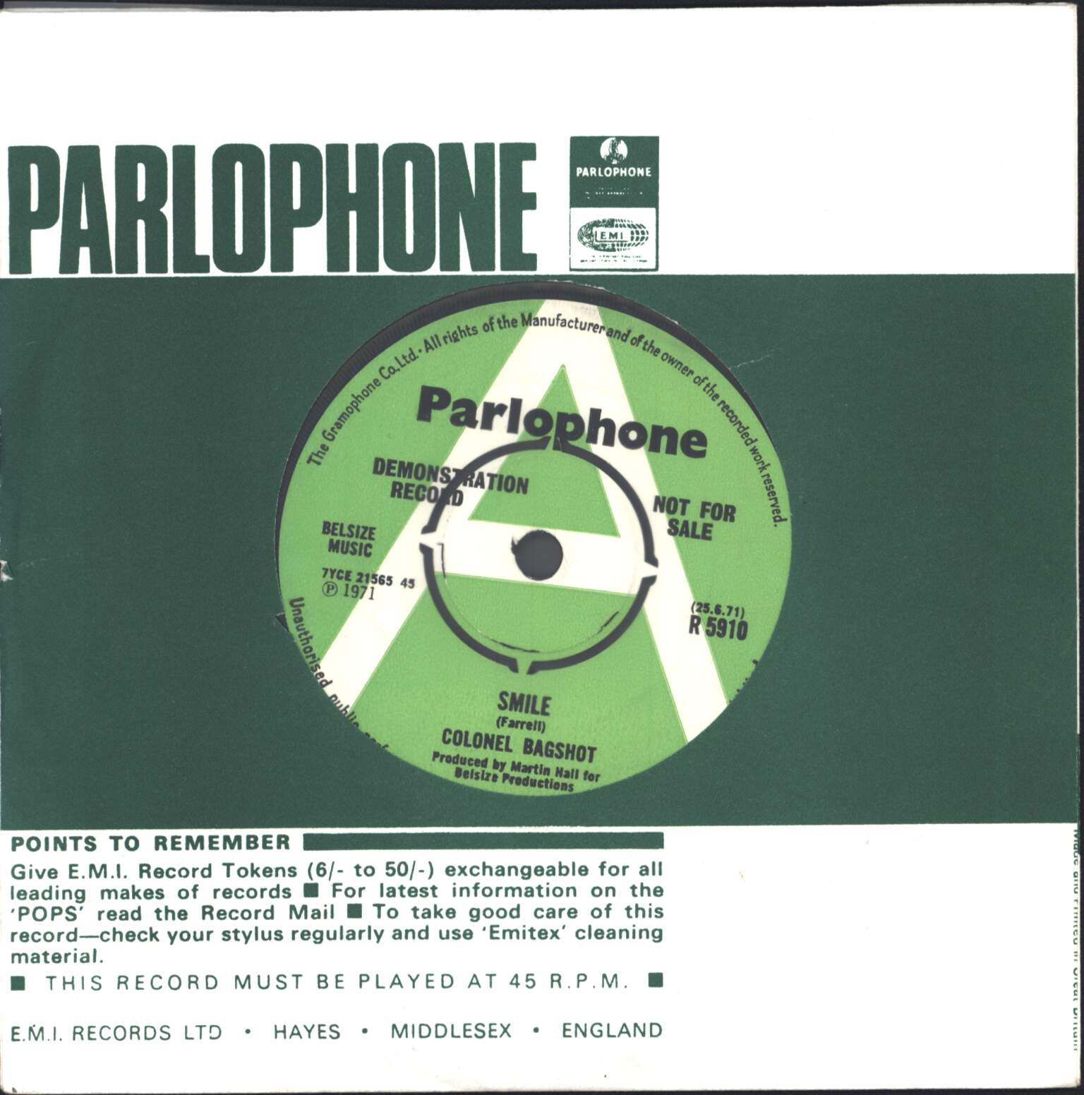 Colonel Bagshot: Smile, 7" Single (Vinyl)