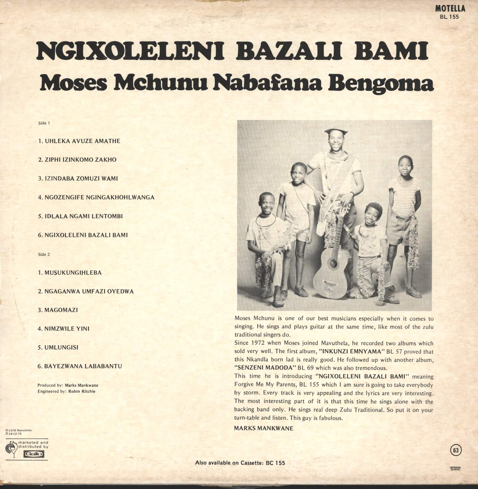 Moses Mchunu: Ngixoleleni Bazali Bami, LP (Vinyl)