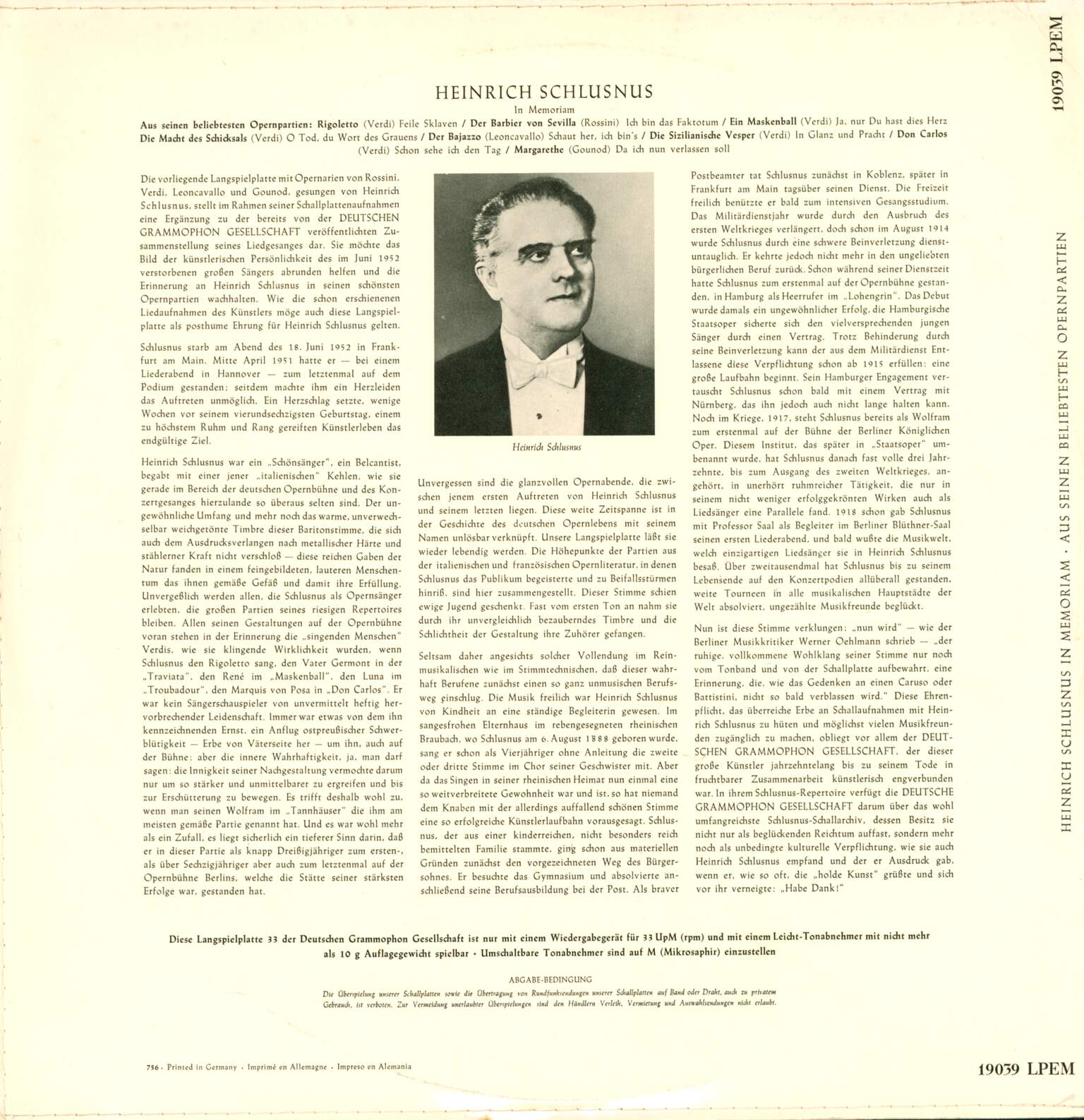Heinrich Schlusnus: Heinrich Schlusnus Im Memoriam, LP (Vinyl)