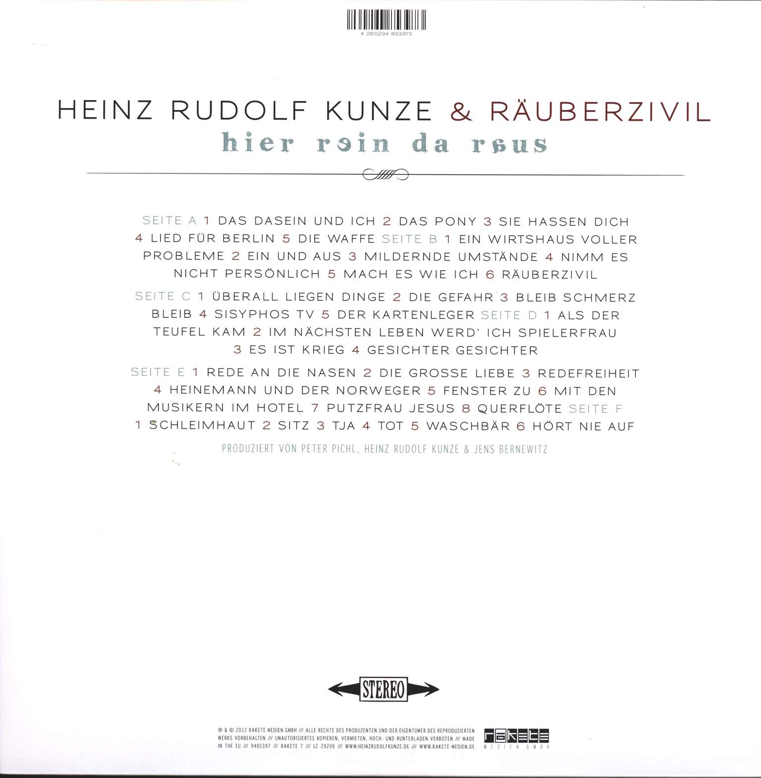 Heinz Rudolf Kunze & Räuberzivil: Hier Rein Da Raus, LP (Vinyl)