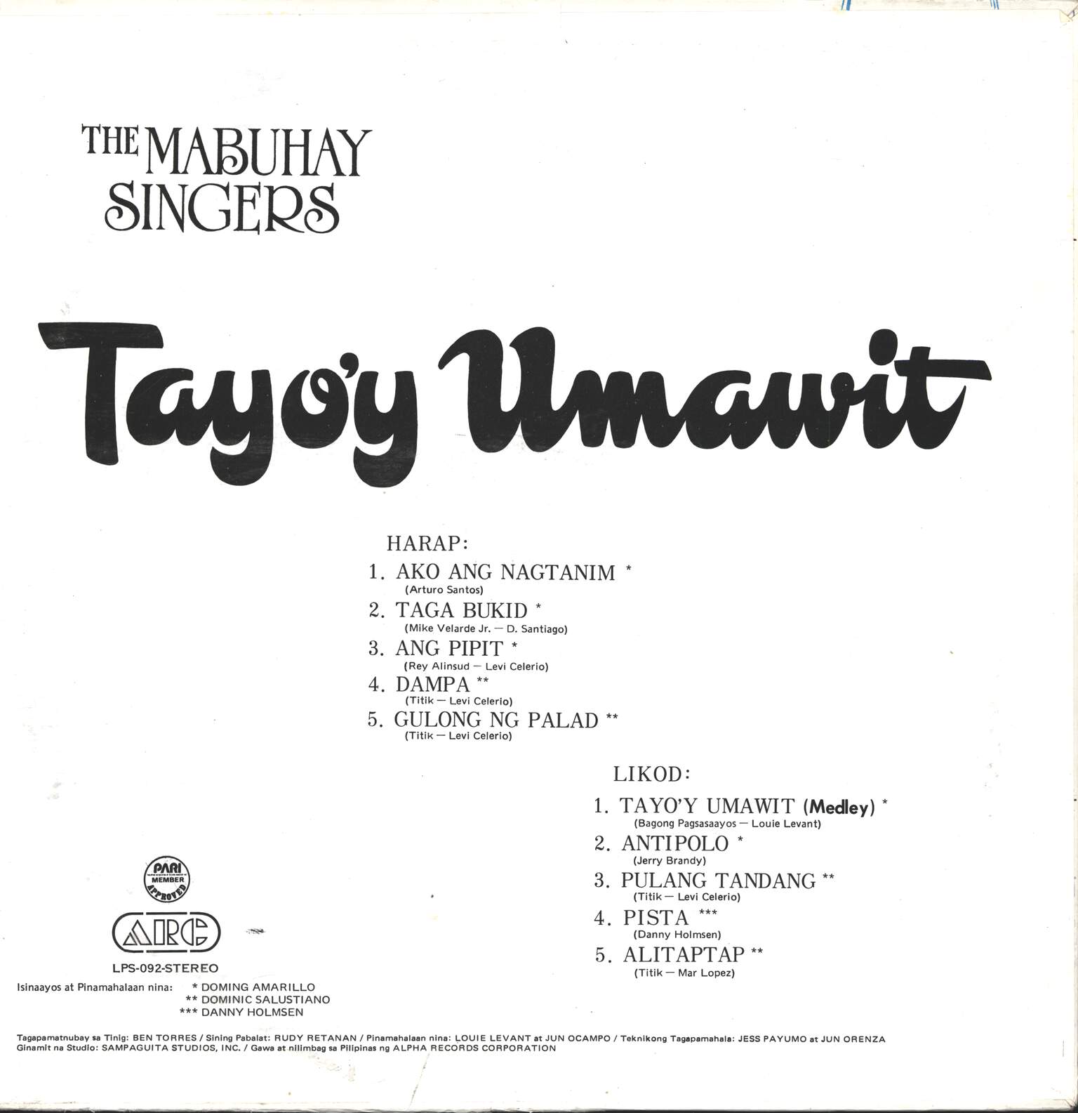 Mabuhay Singers: Tayo'y Umawit, LP (Vinyl)