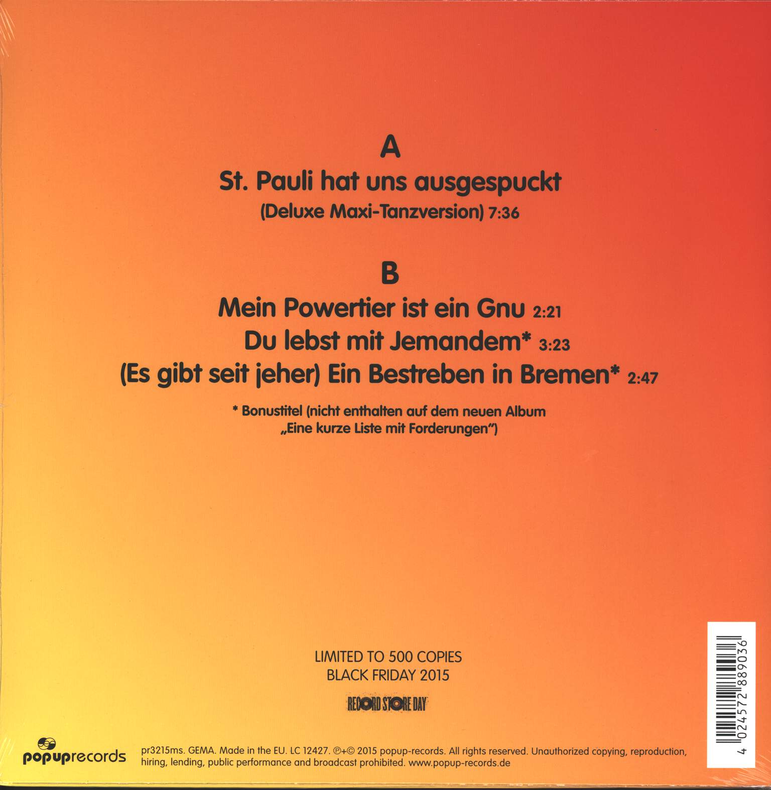 Bernd Begemann & Die Befreiung: St. Pauli Hat Uns Ausgespuckt, 12" Maxi Single (Vinyl)