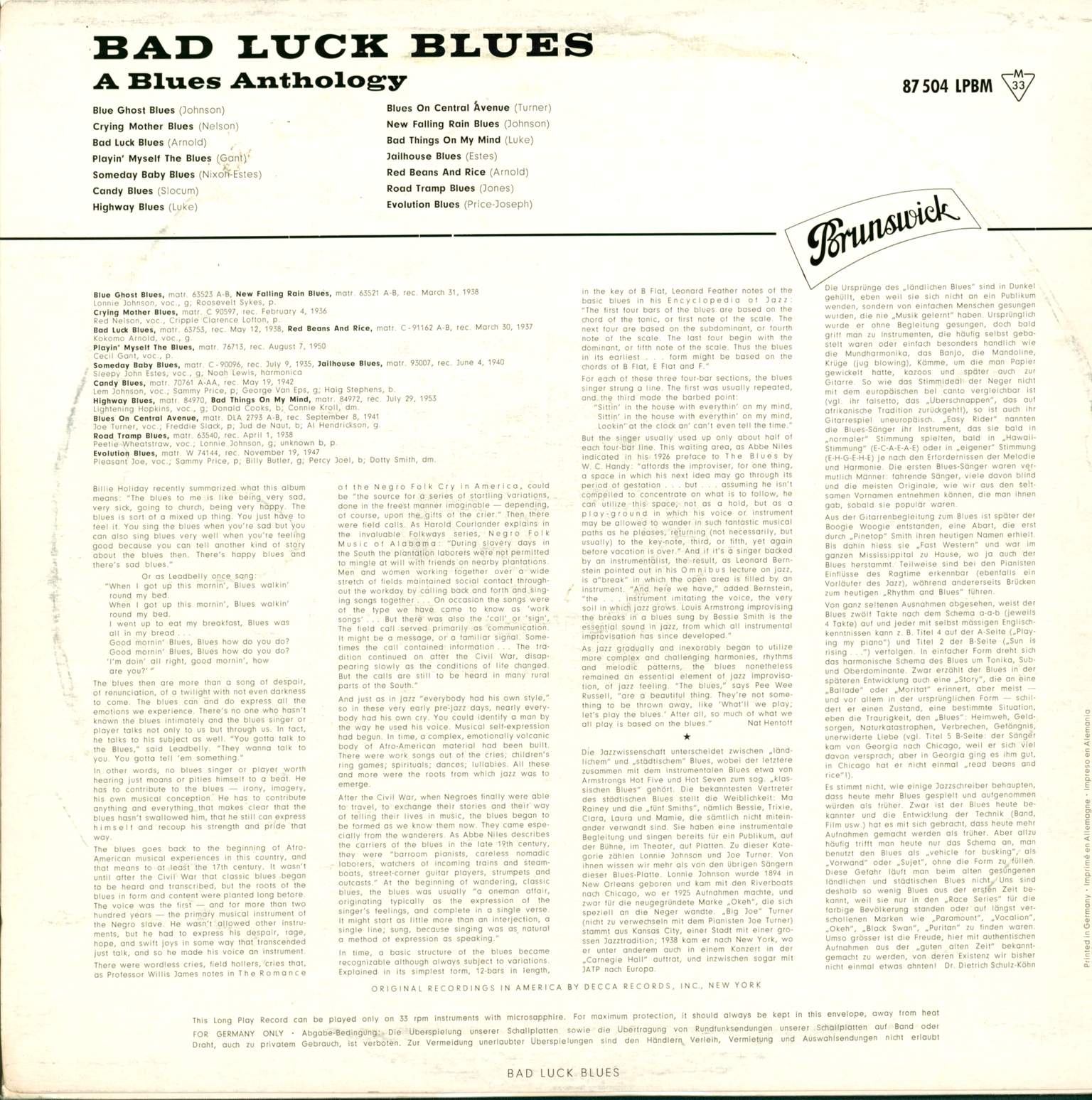Various: Bad Luck Blues (A Blues Anthology), LP (Vinyl)