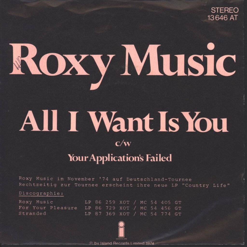 Roxy Music: All I Want Is You, 7" Single (Vinyl)