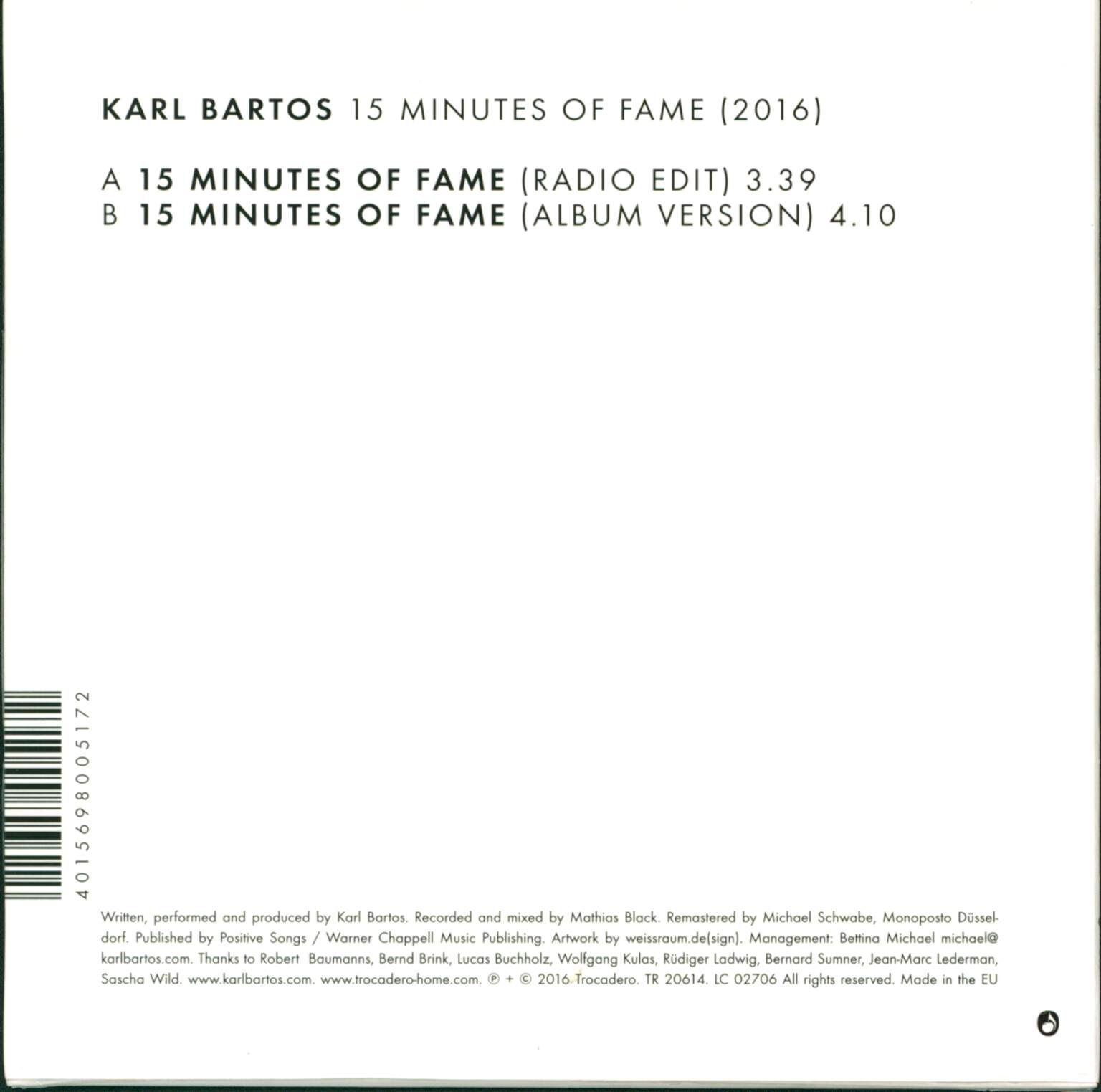 Karl Bartos: 15 Minutes Of Fame (2016), 1×7" Single (Vinyl)