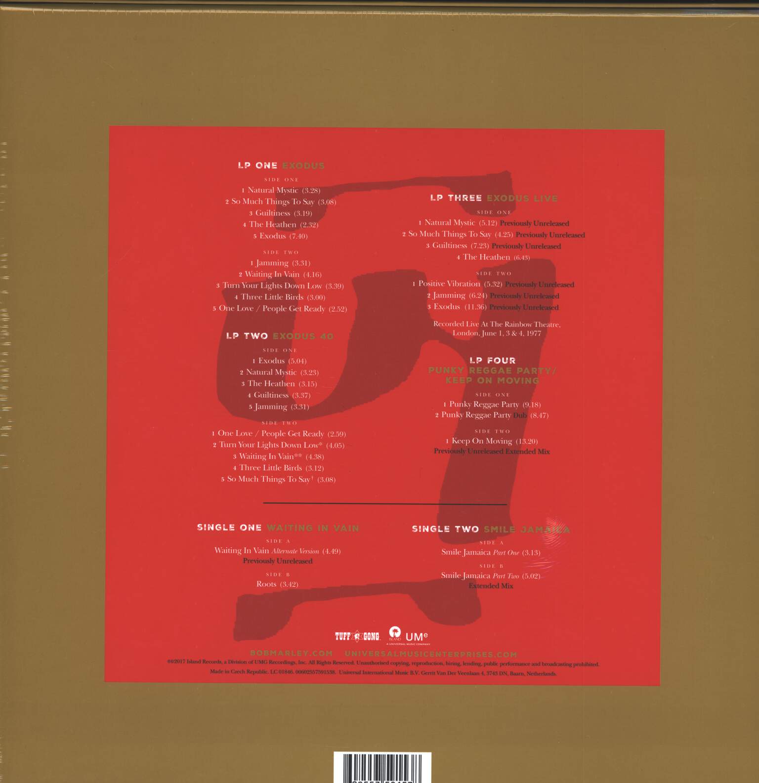 Bob Marley & The Wailers: Exodus (The Movement Continues...), 1×7" Single (Vinyl), 1×7" Single (Vinyl), 1×LP (Vinyl), 1×LP (Vinyl), 1×LP (Vinyl), 1×LP (Vinyl)