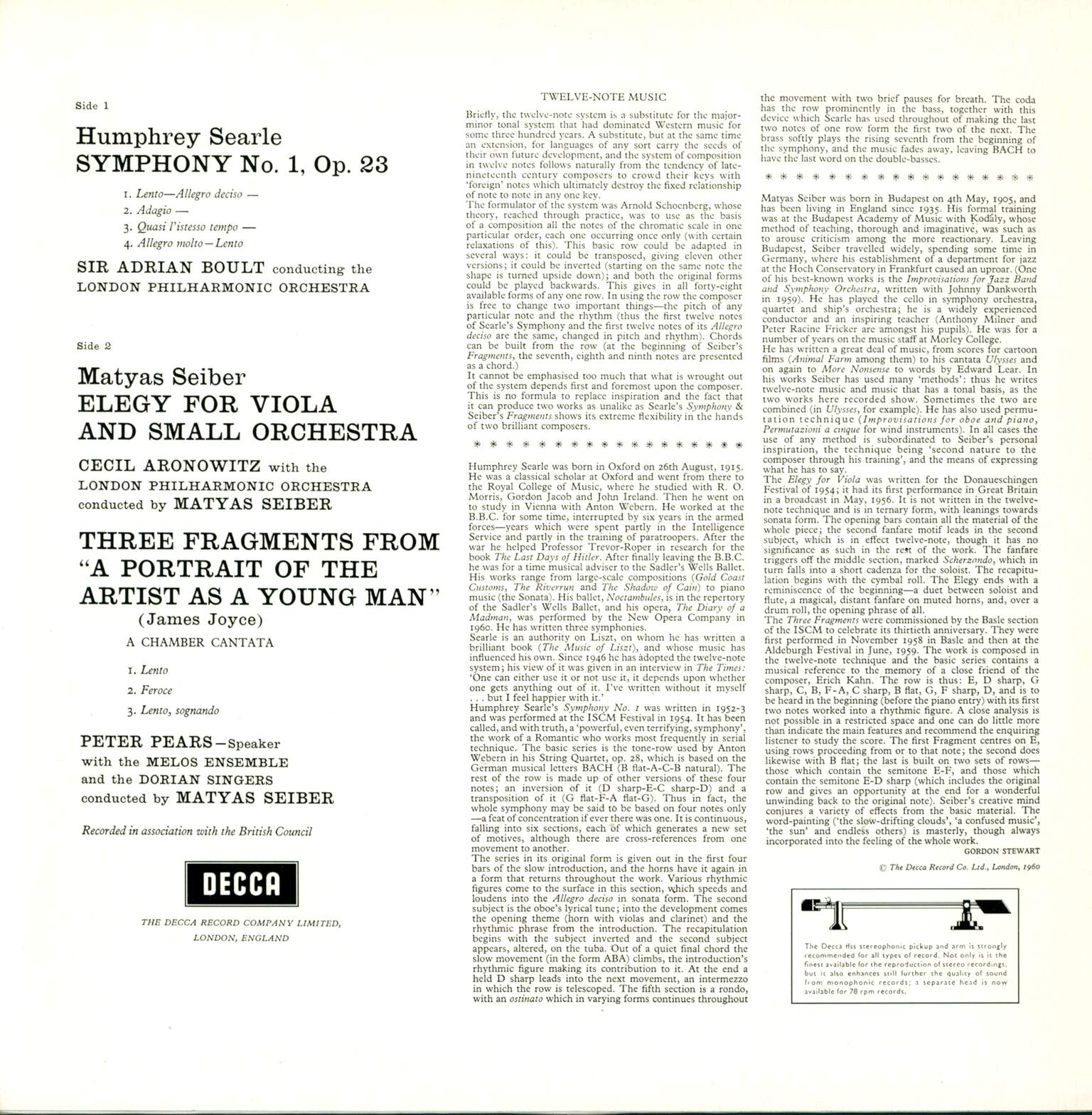 Humphrey Searle: Symphony No. 1 / Elegy For Viola And Small Orchestra / Three Fragments From "A Portrait Of The Artist As A Young Man", 1×LP (Vinyl)