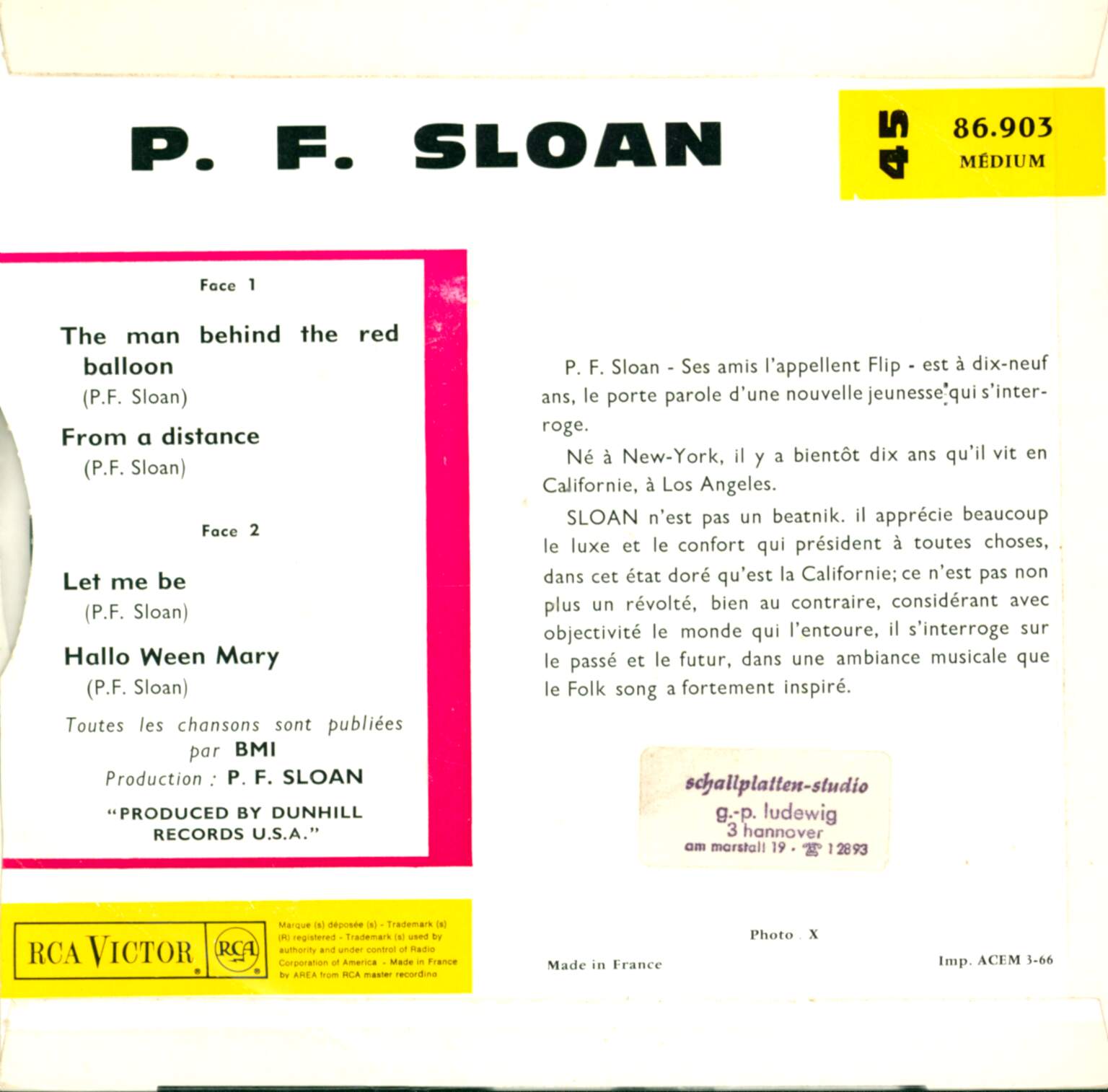 P.F. Sloan: The Man Behind The Red Balloon / From A Distance / Let Me Be / Hallo Ween Mary, 1×7" Single (Vinyl)
