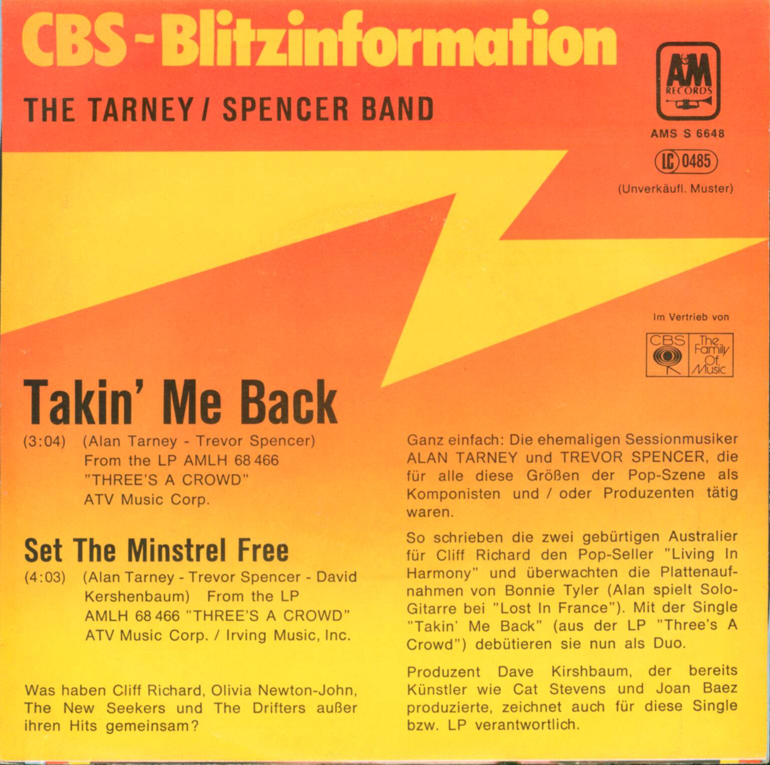 The Tarney/Spencer Band: Takin' Me Back, 1×7" Single (Vinyl)