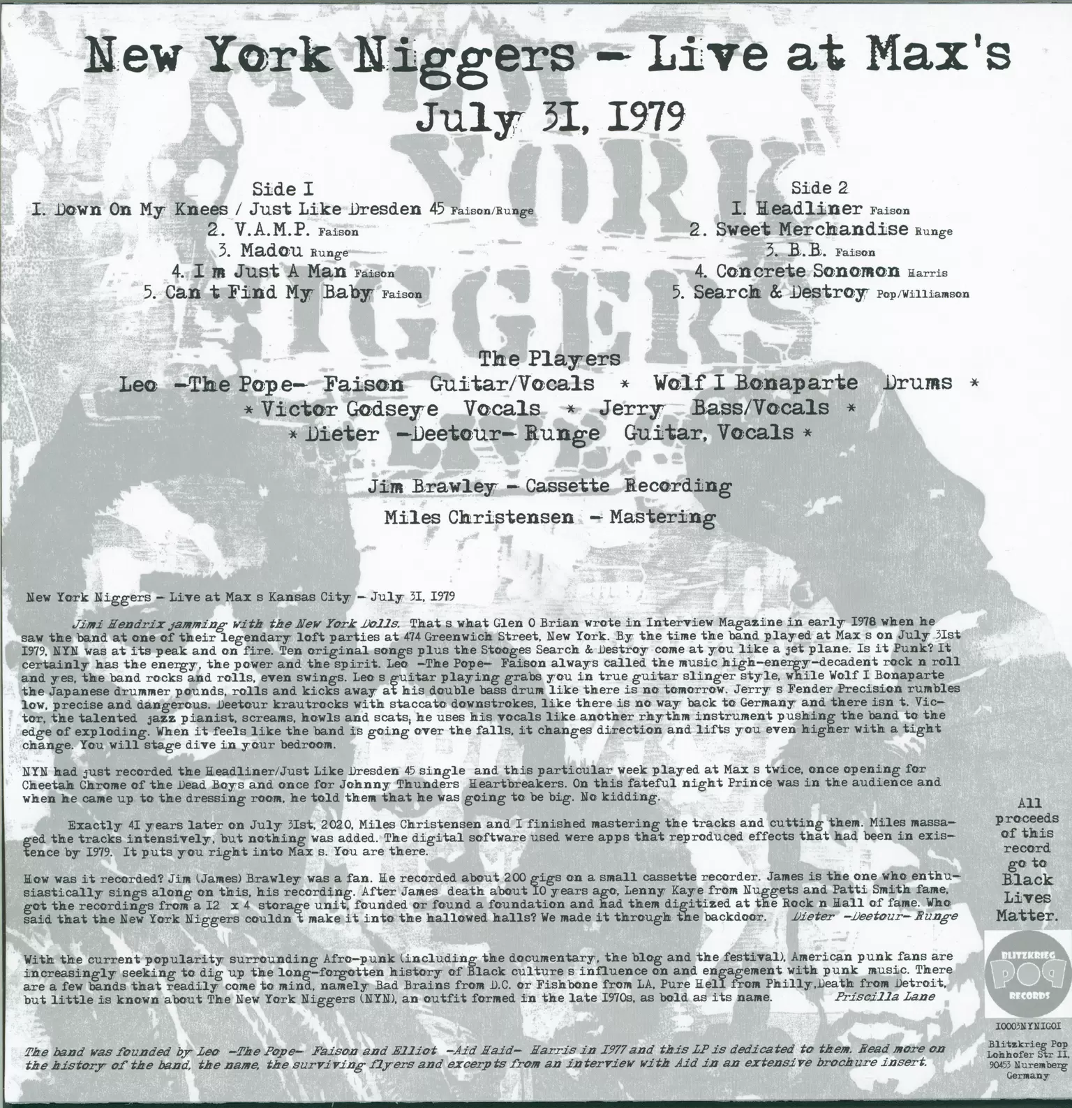 NY Ni...rs: Live At Max's July 31 1979, 1×LP (Vinyl)